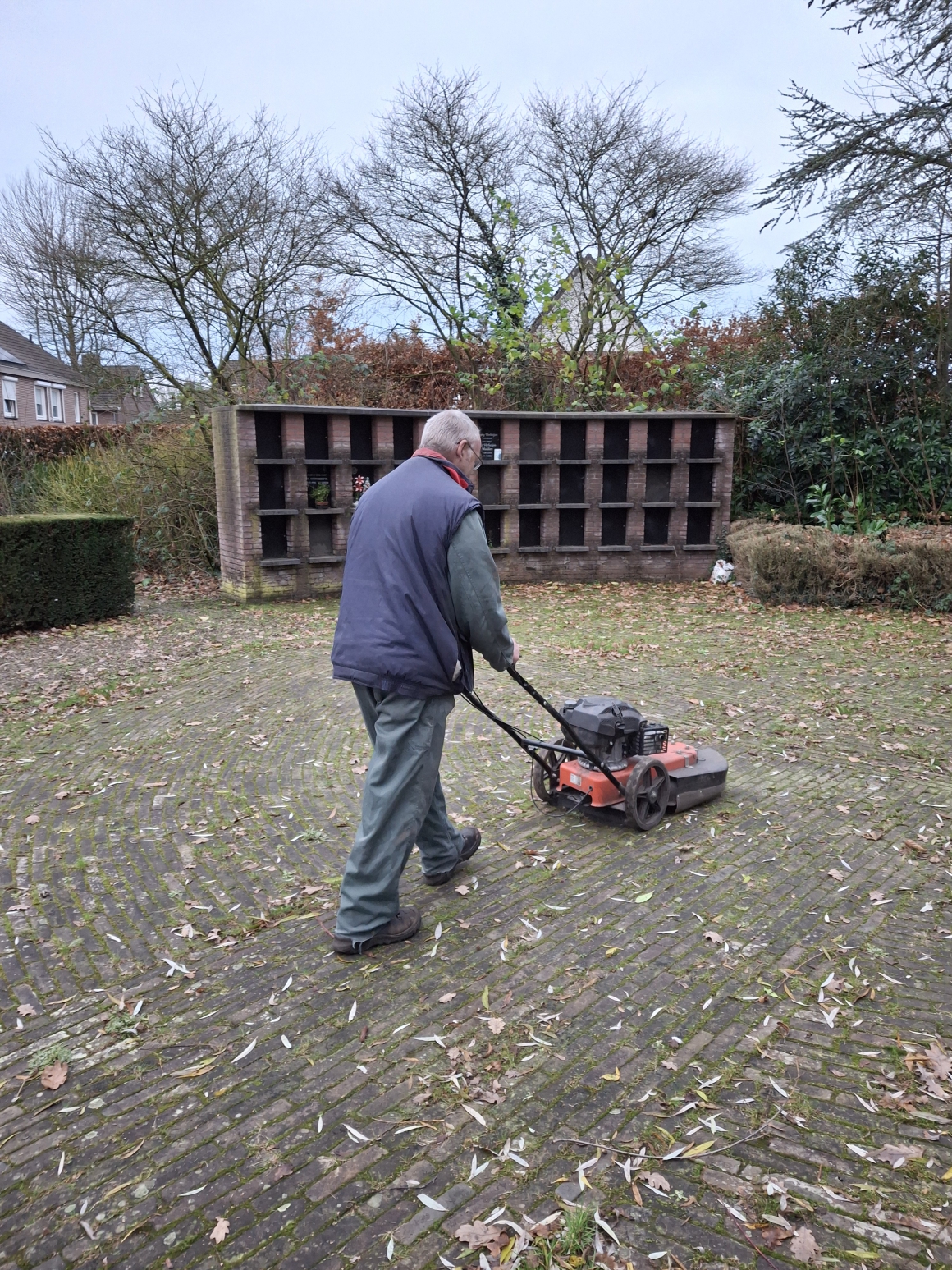 We halen overvloedig groen op de paden mechanisch weg en schoffelen rond de graven om een waardige aanblik te behouden. Op sommige plekken mogen plantjes wel blijven.